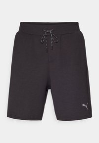 Heren sportshorts in donkergrijs, gemaakt van zachte stof, met een elastische tailleband en een trektouw en een klein zilveren logo aan de zijkant.