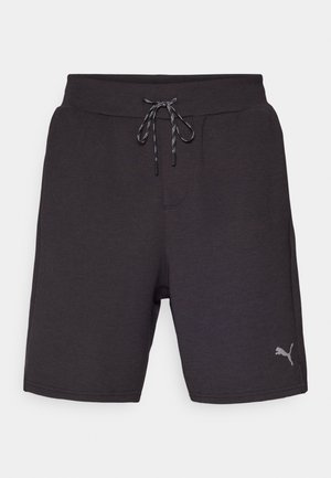 Mørkegrå herre atletikkshorts laget av myk stoff, med elastisk midje og snor, samt en liten sølvfarget logo på siden.