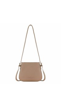 Borsa a tracolla di medie dimensioni in pelle beige con texture liscia. Presenta un design semplice, tracolla regolabile e un dettaglio a nodo sulla tracolla.