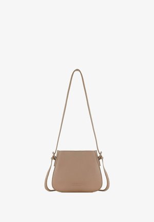 Medium-sized, beige leather handbag with a smooth texture. Features a simple design, adjustable shoulder strap, and knot detail on the strap.