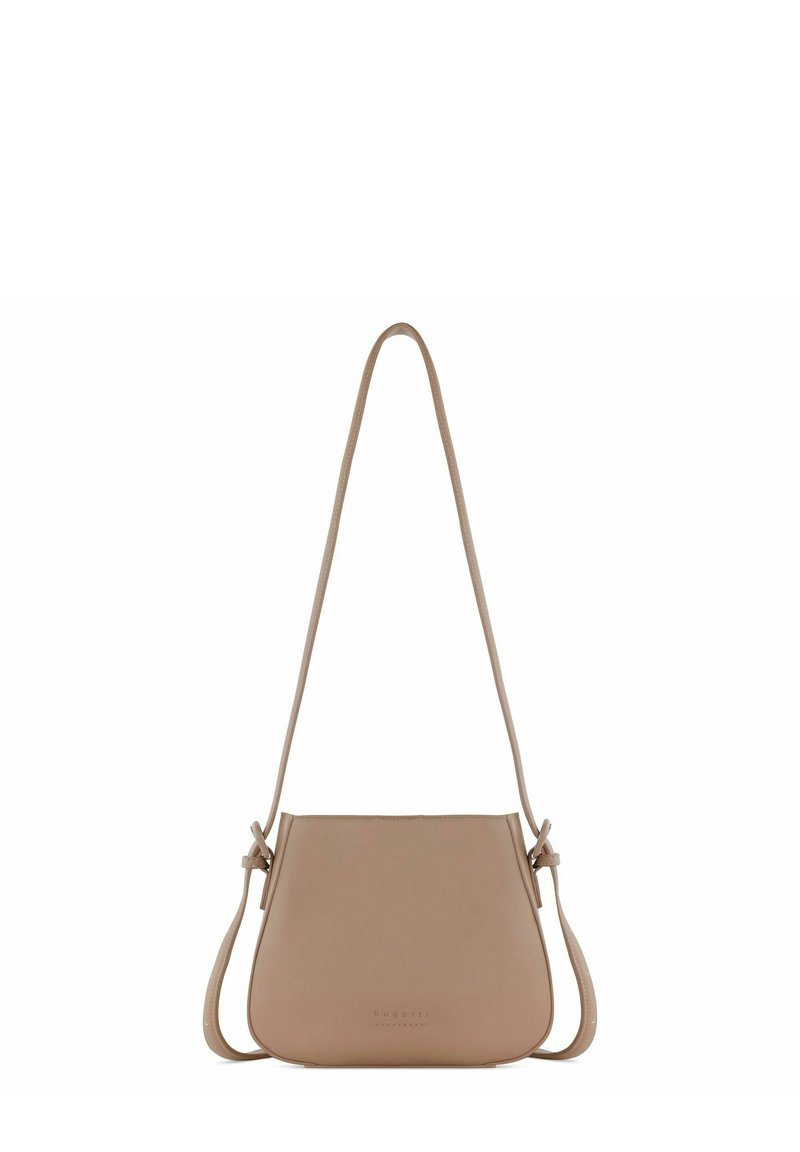 Borsa a tracolla di medie dimensioni in pelle beige con texture liscia. Presenta un design semplice, tracolla regolabile e un dettaglio a nodo sulla tracolla.