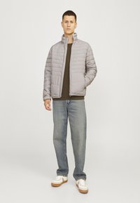 Light gray puffer jacket with a high collar, quilted pattern, and side pockets, worn over a dark green sweater and blue jeans.