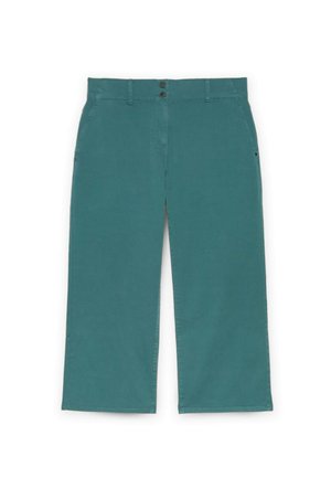 Pantaloni largi teal din bumbac moale. Au două buzunare frontale, închidere cu două nasturi și o textură netedă și uniformă pe toată suprafața.