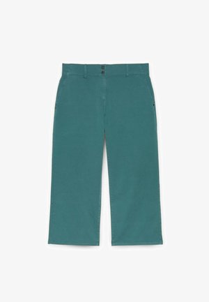 Türkisfarbene weite Hosen aus softer Baumwolle. Verfügt über zwei Fronttaschen, einen Knopfverschluss und eine glatte, gleichmäßige Textur.