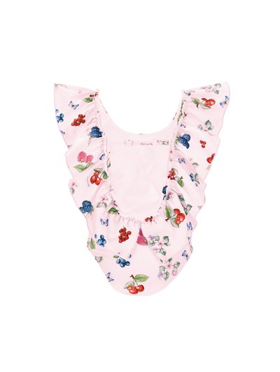 Ensfarget badedrakt i rosa med blomstermønster som har kirsebær og blåbær. Rynkede ermer gir tekstur og detalj til designet.