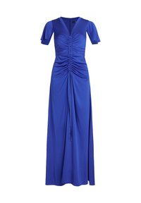 Blå maxiklänning med korta fjärilsärmar, V-ringning och rynkat centralt med långa band.