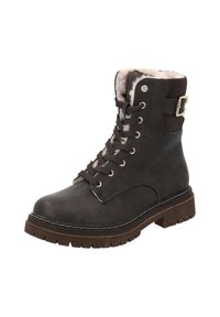 Brown lace-up boots with a faux fur lining, rubber outsole, and metal buckle accent on the side, featuring a rounded toe and stitched detailing.