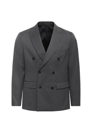 Blazer gris de corte cruzado con patrón de espiga, que cuenta con solapas de muesca, dos bolsillos frontales y detalles en botones negros. Interior forrado.