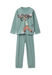 Conjunto de pijama verde de manga larga que presenta un gráfico de un personaje de dibujos animados. Hecho de una tela suave, con pantalones de cintura elástica y puños acanalados.