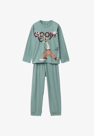Ensemble de pyjama à manches longues vert avec un motif de personnage de dessin animé. Fabriqué en tissu doux, avec un pantalon à taille élastique et des poignets côtelés.