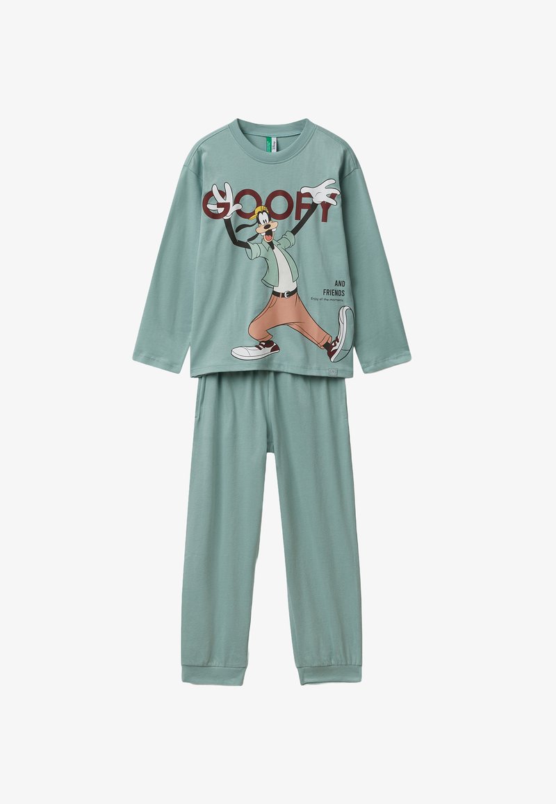 Conjunto de pijama verde de manga larga que presenta un gráfico de un personaje de dibujos animados. Hecho de una tela suave, con pantalones de cintura elástica y puños acanalados.