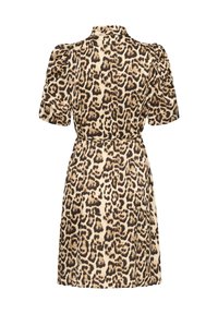 Robe imprimée léopard en beige et marron, avec des manches bouffantes, un col et une taille cintrée. Tissu lisse avec un léger éclat.
