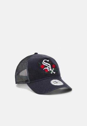 Navy cap with embroidered roses and white logo, featuring a curved brim and mesh side panels for breathability.