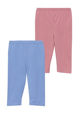 Zwei Paar schlichte, elastische Baumwollleggings mit Gummizug in der Taille, eines in Hellblau und eines in gedämpftem Rosa, flach auf einem weißen Hintergrund liegend.