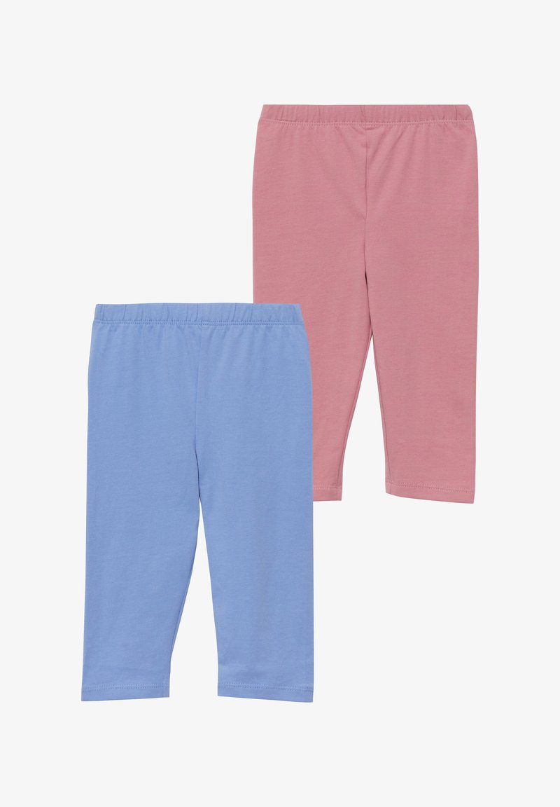 Deux paires de leggings en coton à taille élastique simple, l'une en bleu clair et l'autre en rose pâle, présentées à plat sur un fond blanc.