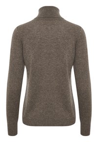 Brun stickad tröja med hög krage, långa ärmar och en texturerad yta. Har en avslappnad passform och minimalistisk design.