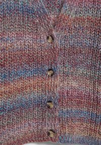 Cardigan tricotat din fire multicolore cu un model texturat. Are cinci nasturi și un design cu guler în V. Culorile includ roșu, albastru și verde.
