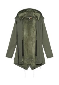 Olivgrön jacka med en texturerad, mjuk innervägg, dragkedjestängning och en distinkt spetsig nederkant. Har svarta sidofickor och dragsnören.