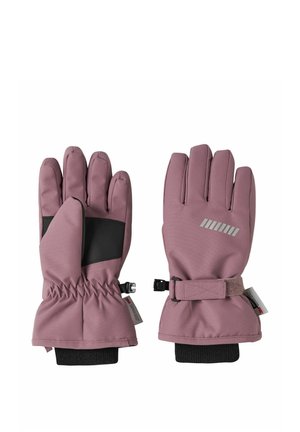 Paire de gants d'hiver mauve avec paumes noires, brides réglables au poignet, bandes réfléchissantes et poignets élastiques sur fond blanc.