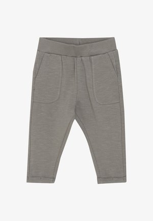 Grijze joggerbroeken van zachte stof, met een elastische tailleband, twee voorzakken en een taps toelopend ontwerp. Gladde textuur.