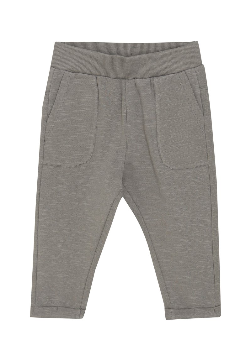 Grijze joggerbroeken van zachte stof, met een elastische tailleband, twee voorzakken en een taps toelopend ontwerp. Gladde textuur.