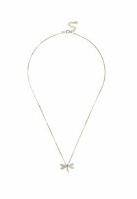 Sølvfarvet halskæde med en tynd kæde og en guldsmedependant, udsmykket med klare sten for glans. Justerbar lås til længden.