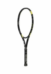 Raqueta de tenis negra con patrones de caras sonrientes amarillas, cabeza ovalada alargada y mango de agarre texturizado, con una marca cerca de la base.