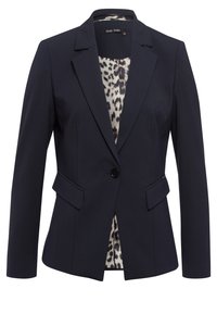 Navy blazer with a notched collar, single button closure, two front pockets, and a leopard print lining. Tailored fit with structured shape.