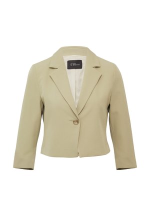 Lichtbeige cropped blazer met een afneembare kraag, enkele knoopsluiting en lange mouwen. Zachte stof met een gladde textuur.
