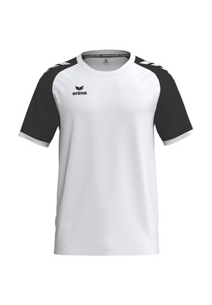 Maglia sportiva bianca con maniche corte nere e logo Erima sul petto e sulle spalle.