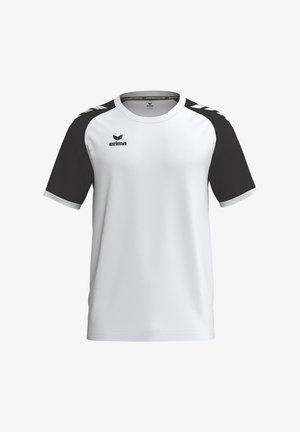 Weißes Sportshirt mit schwarzen kurzen Ärmeln und Erima-Logo auf Brust und Schultern.