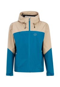 Modrá a béžová nepremokavá bunda s predným zipsom, nastaviteľnou kapucňou a elastickými manžetami. Na hrudi sa nachádza geometrické logo.