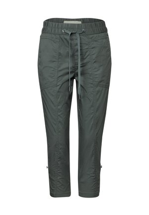 Pantalones cortos de color verde oscuro con cinturilla elástica y cordón. Cuenta con costuras laterales y cremalleras en el dobladillo para ajuste. Tejido ligero.