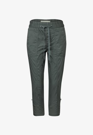 Pantaloni cropped verde scuro con vita elastica e cordino. Presentano cuciture laterali e zip all'orlo per la regolazione. Tessuto leggero.