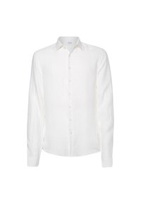 Camisa de lino blanca de manga larga con botones en el frente, cuello clásico y dobladillo recto. Textura suave con un sutil detalle de tejido.