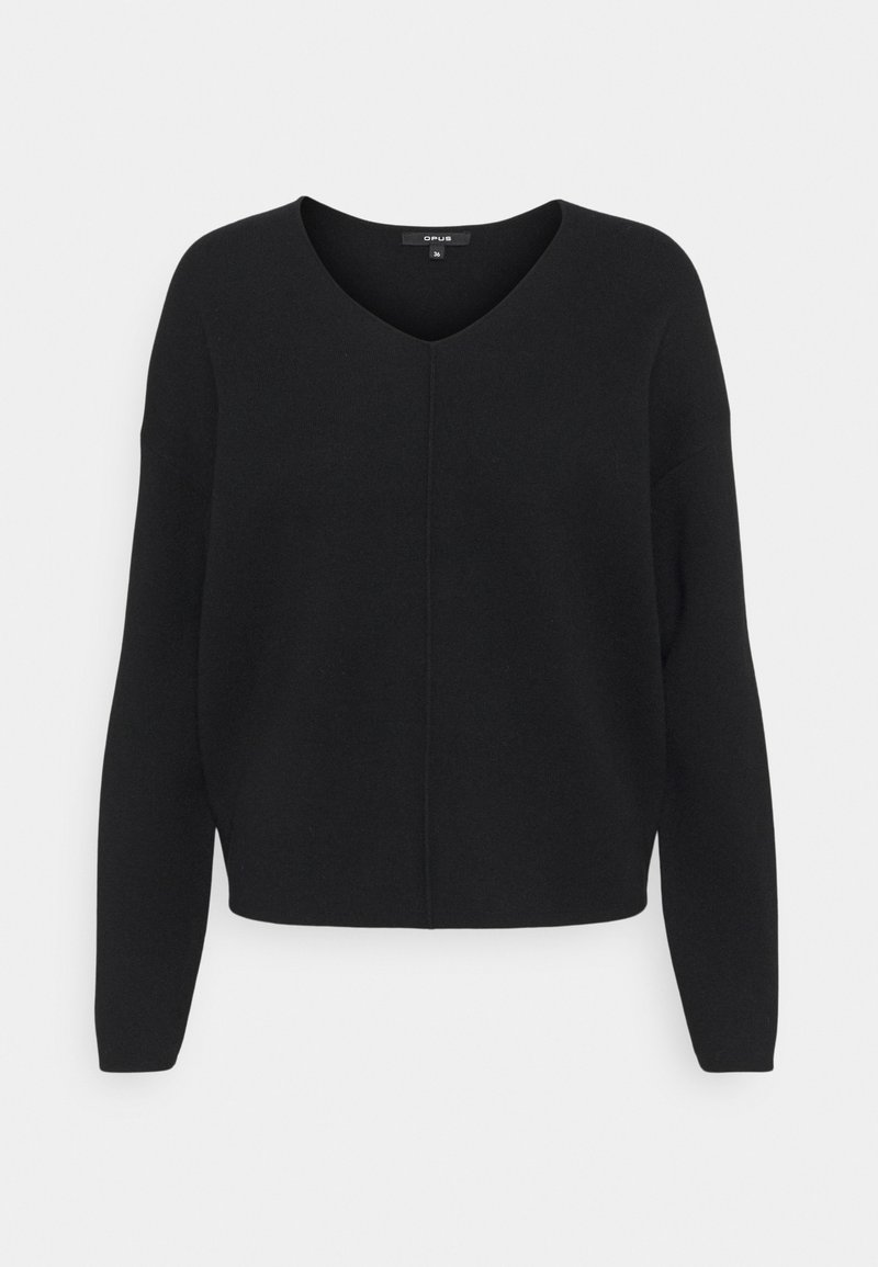 Pull en V noir à manches longues, fabriqué à partir d'un matériau tricot doux. Présente un détail de couture central et une coupe décontractée.