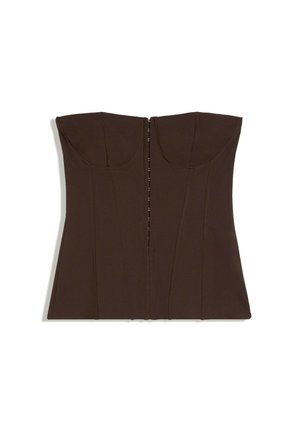Top corset marron sans bretelles avec fermetures à agrafes sur le devant et coutures de panneaux, posé à plat sur fond blanc.