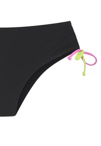 Black bikini bottom with gathered side detail, featuring pink and green tie accents. Made from smooth, stretchy material.