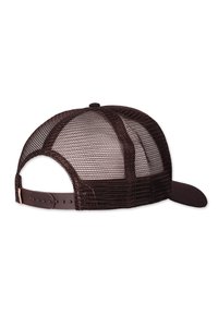 Braune Mesh-Trucker-Mütze mit einem festen braunen Schirm, verstellbarem Snapback-Verschluss und einem strukturierten Design für Haltbarkeit und passgenauen Sitz.