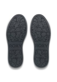 Plantillas de zapatos de goma negra con un patrón floral, texto en relieve "ROXY," con una superficie texturizada para agarre y comodidad.