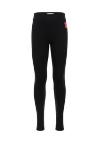 Zwarte geribbelde leggings met een hoge tailleband, voorzien van een klein, vierkant, veelkleurig logopatch. Strapetzachte textuur, volledige lengte.