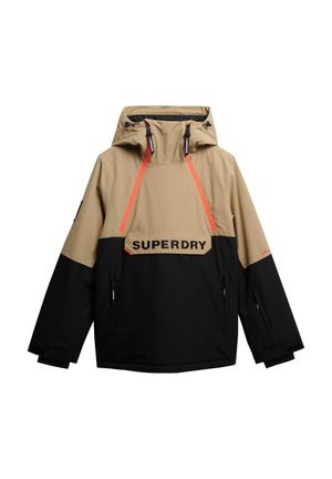 Beige en zwart tweekleurig jack met capuchon, rode trekkoorden, ritssluitingen aan de voorkant en een gedurfde "SUPERDRY"-logo op de borst.