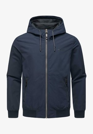 Navy blue zip-up jacket with a hood, made of smooth fabric. Features two side zip pockets and elastic cuffs for a secure fit.
