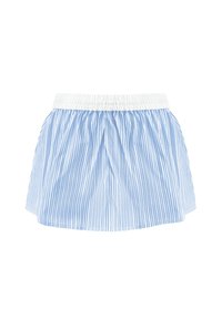 Hellblau gestreifte Rock mit einem elastischen weißen Bund, der eine geraffte Textur und eine ausgestellte Form aufweist. Endet auf Oberschenkelhöhe.