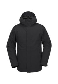 Schwarze wasserdichte Jacke mit hohem Kragen, langen Ärmeln, zwei Fronttaschen und einem schlichten, minimalistischen Design.