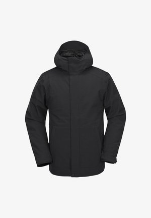 Zwarte waterdichte jas met een hoge kraag, lange mouwen, twee vo pockets en een schoon, minimalistisch ontwerp.