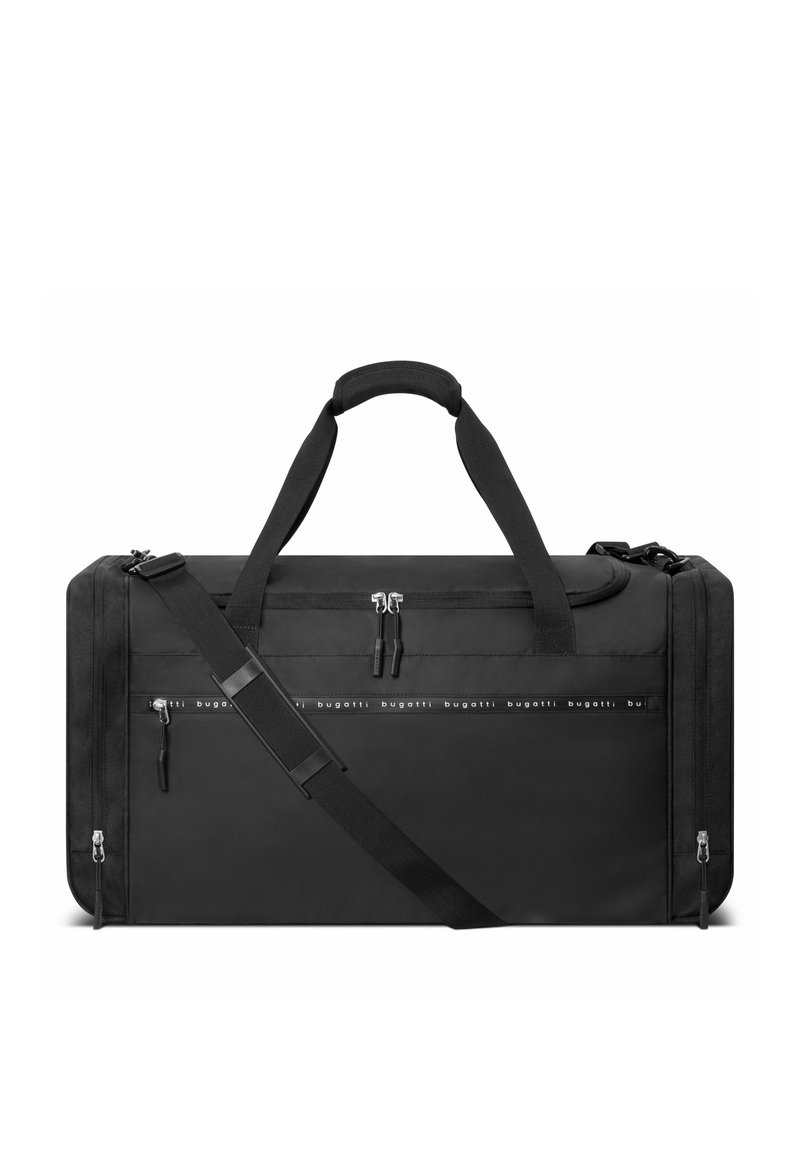 Borsa duffle nera con manici doppi e tracolla staccabile. Presenta due scomparti con zip, tessuto resistente e dettagli con logo.