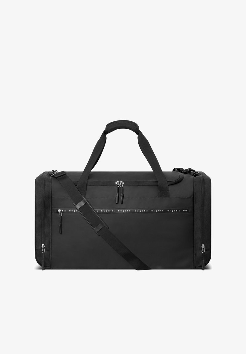 Borsa duffle nera con manici doppi e tracolla staccabile. Presenta due scomparti con zip, tessuto resistente e dettagli con logo.