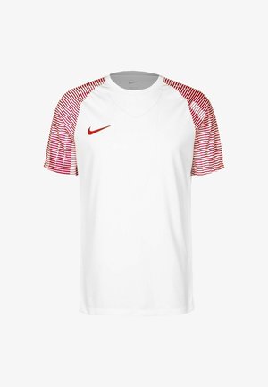 Maglietta atletica bianca Nike con maniche a strisce rosse. Caratterizzata da un collo a giro e un piccolo logo rosso sul petto. Realizzata in tessuto leggero.
