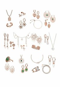 Assorted rose gold jewelry set featuring earrings, rings, necklaces, and bracelets with floral, star, heart, and leaf designs and green and white stones.